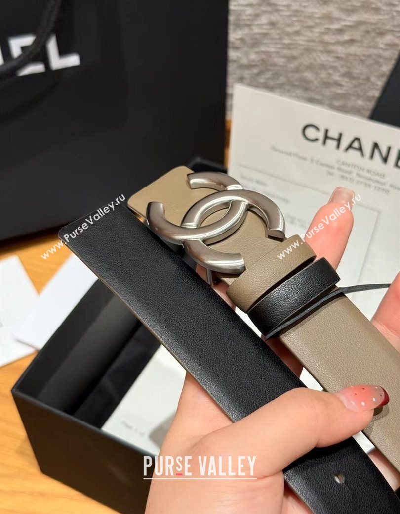 Chanel Calfskin Leather Reversible Belt 3cm with CC Buckle Grey/Silver 2025 1231 (99-251231117)