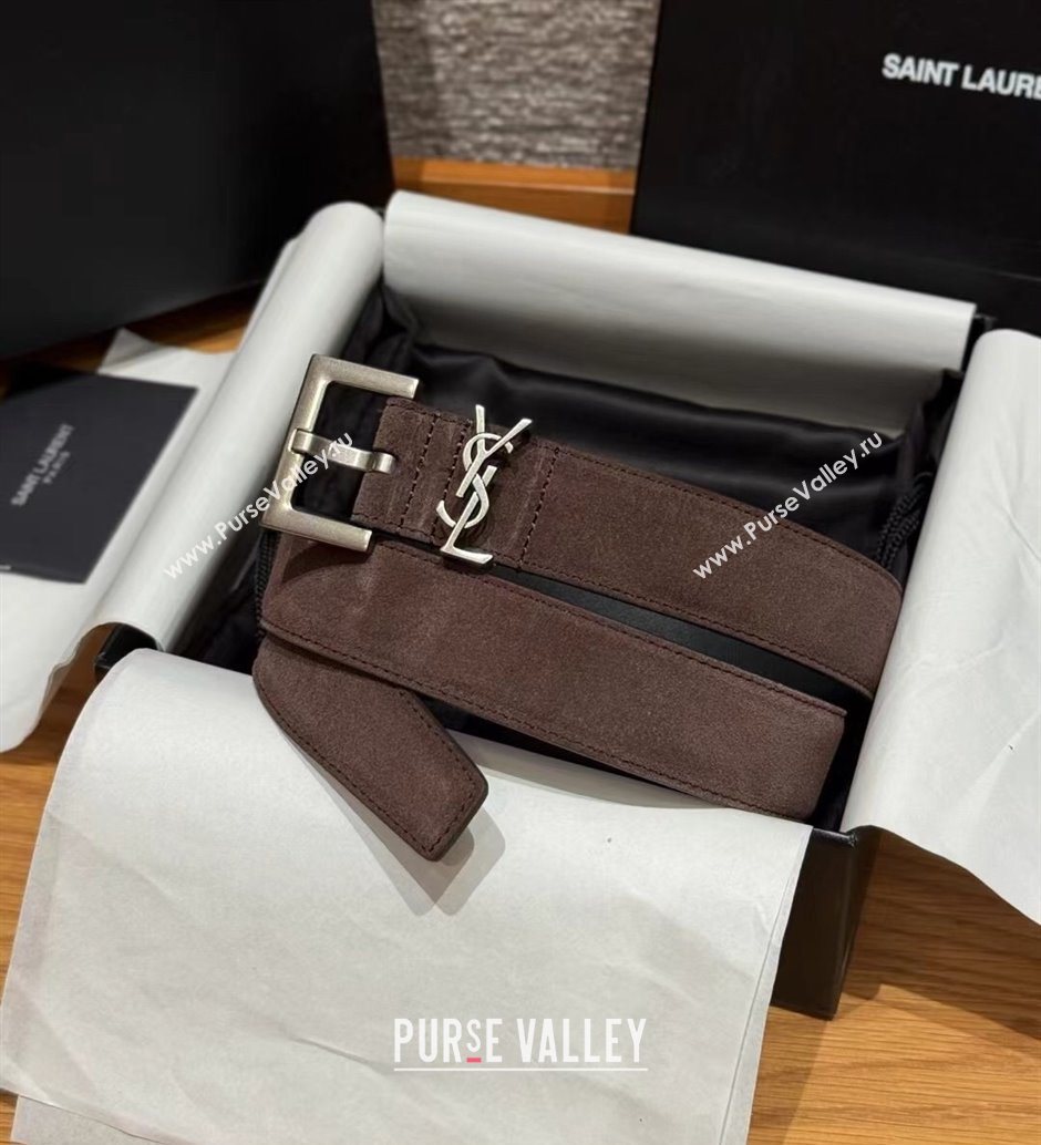 Saint Laurent Cassandre Belt 3cm in Suede and Leather Chocolate 2025 YSL26010401 (99-260104090)