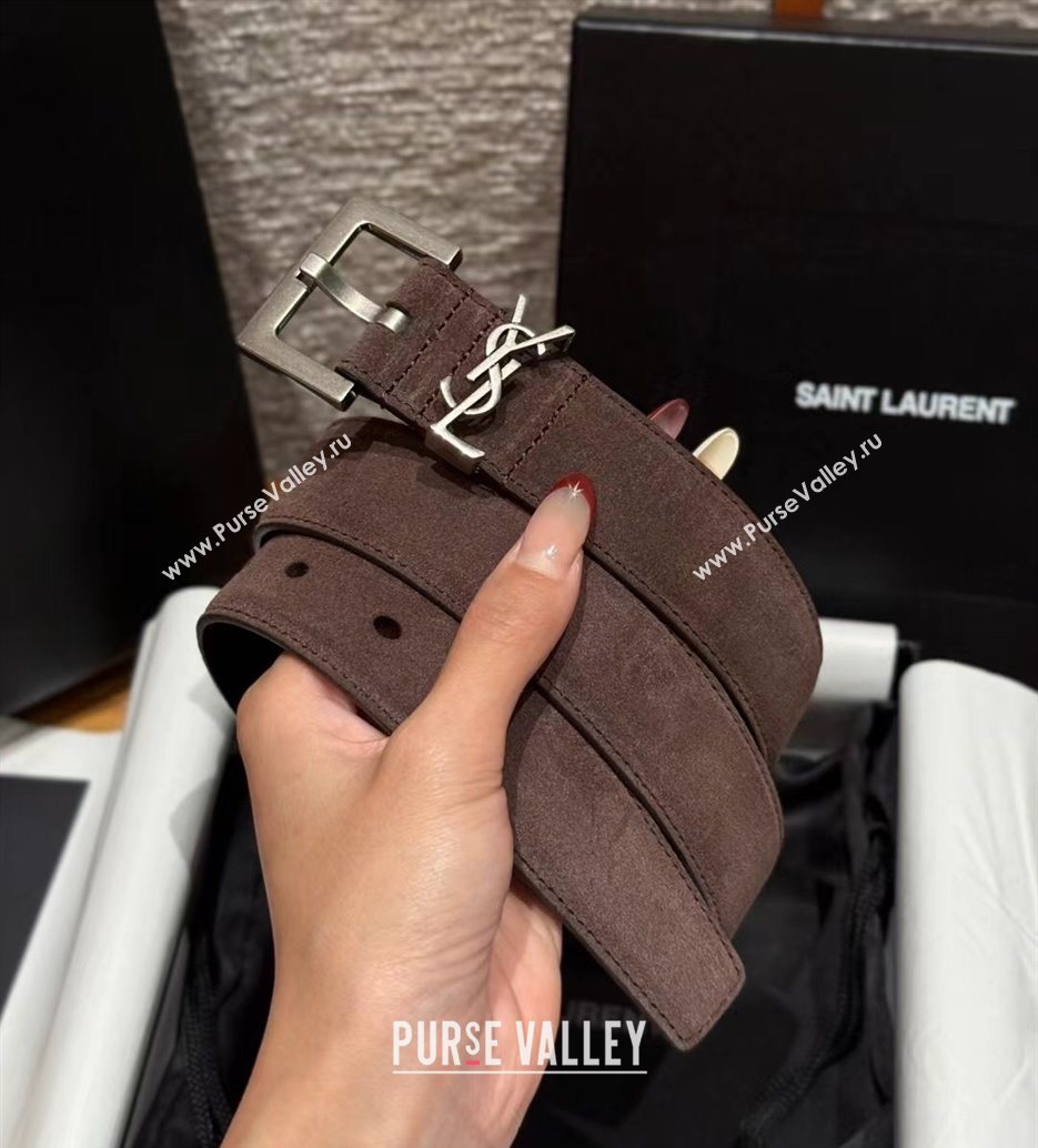 Saint Laurent Cassandre Belt 3cm in Suede and Leather Chocolate 2025 YSL26010401 (99-260104090)