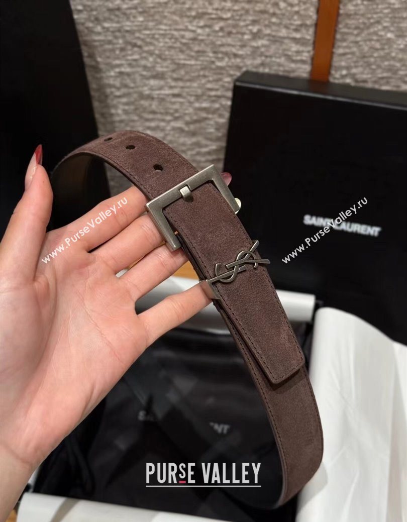 Saint Laurent Cassandre Belt 3cm in Suede and Leather Chocolate 2025 YSL26010401 (99-260104090)