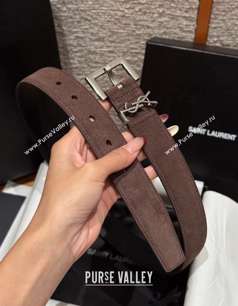 Saint Laurent Cassandre Belt 3cm in Suede and Leather Chocolate 2025 YSL26010401 (99-260104090)