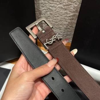 Saint Laurent Cassandre Belt 3cm in Suede and Leather Chocolate 2025 YSL26010401 (99-260104090)