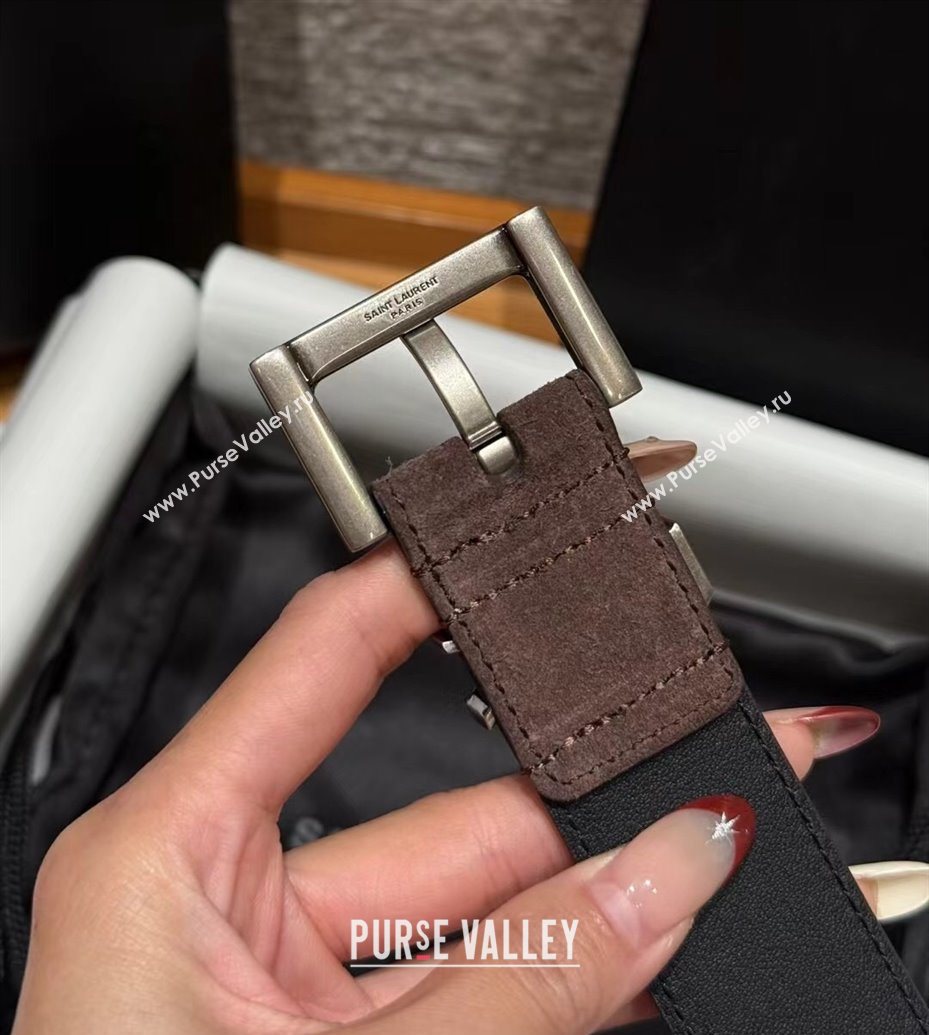 Saint Laurent Cassandre Belt 3cm in Suede and Leather Chocolate 2025 YSL26010401 (99-260104090)