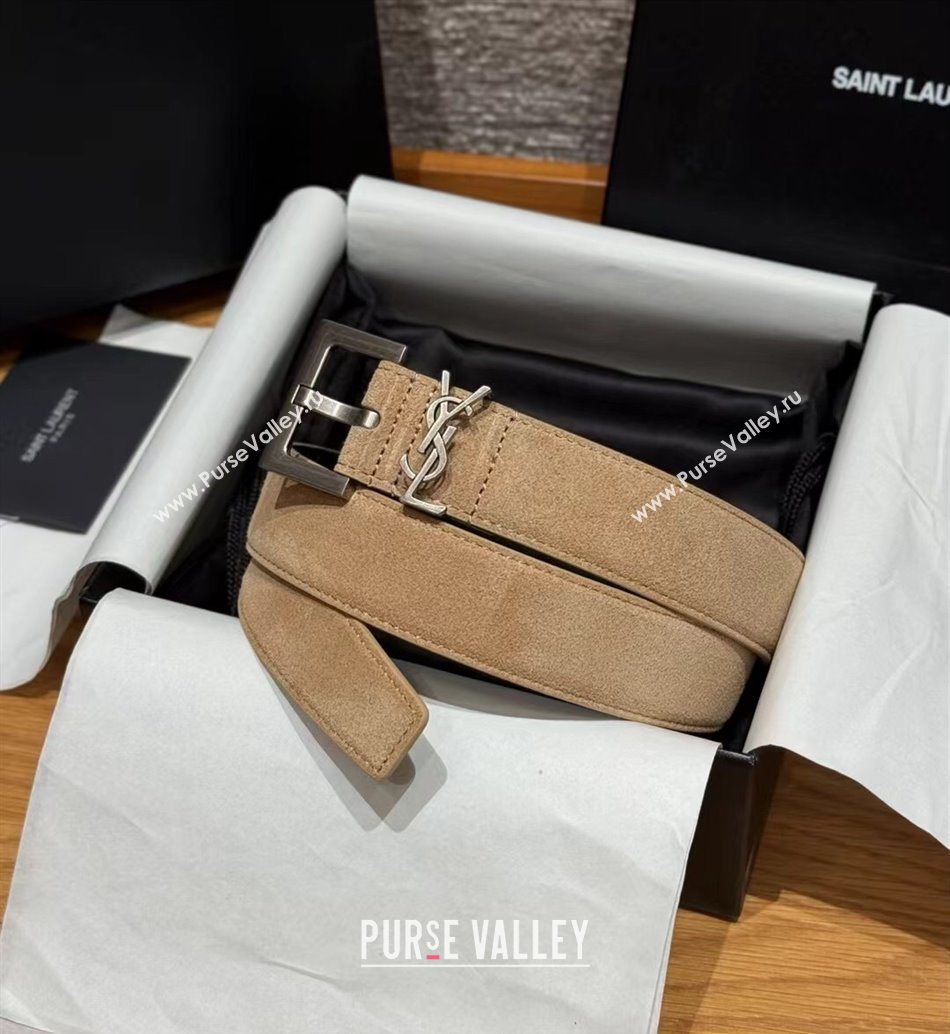 Saint Laurent Cassandre Belt 3cm in Suede and Leather Light Beige 2025 YSL26010401 (99-260104091)