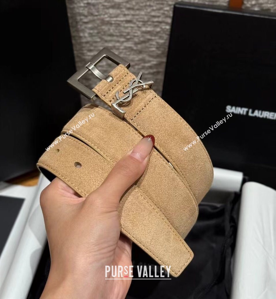 Saint Laurent Cassandre Belt 3cm in Suede and Leather Light Beige 2025 YSL26010401 (99-260104091)