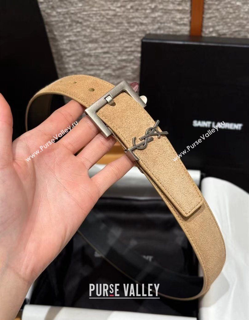 Saint Laurent Cassandre Belt 3cm in Suede and Leather Light Beige 2025 YSL26010401 (99-260104091)