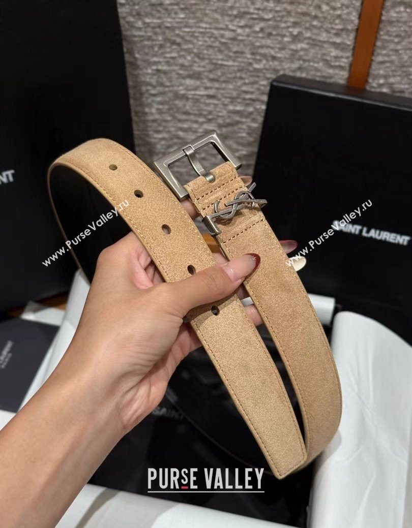 Saint Laurent Cassandre Belt 3cm in Suede and Leather Light Beige 2025 YSL26010401 (99-260104091)