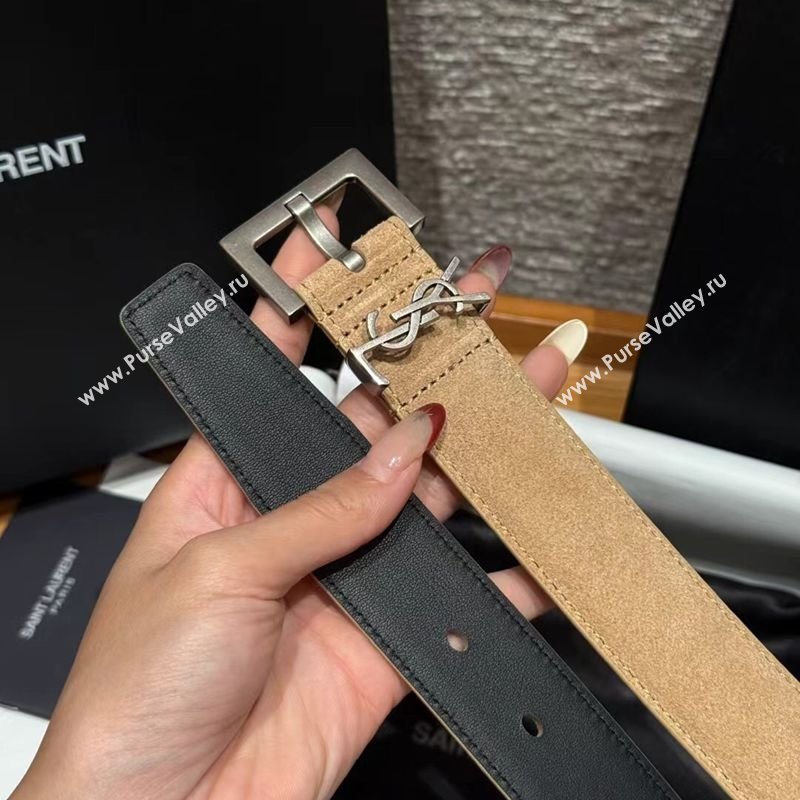 Saint Laurent Cassandre Belt 3cm in Suede and Leather Light Beige 2025 YSL26010401 (99-260104091)