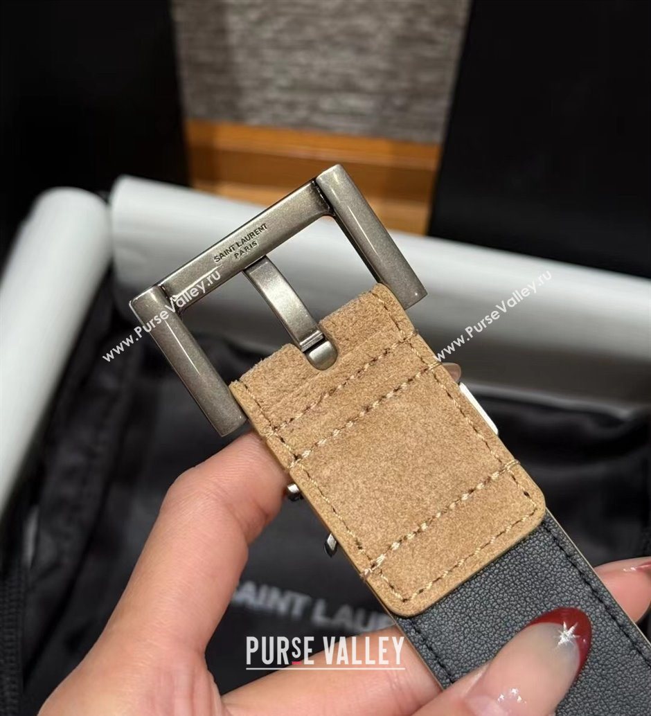 Saint Laurent Cassandre Belt 3cm in Suede and Leather Light Beige 2025 YSL26010401 (99-260104091)