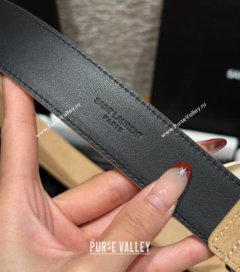 Saint Laurent Cassandre Belt 3cm in Suede and Leather Light Beige 2025 YSL26010401 (99-260104091)