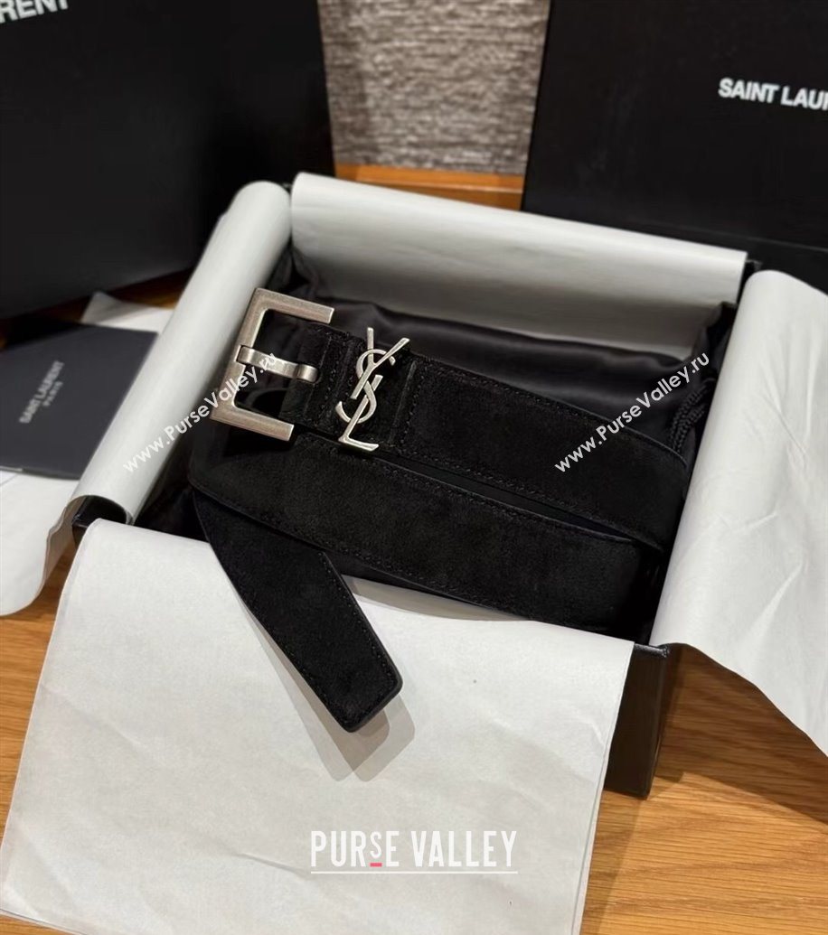 Saint Laurent Cassandre Belt 3cm in Suede and Leather Black/Silver 2025 YSL26010401 (99-260104092)