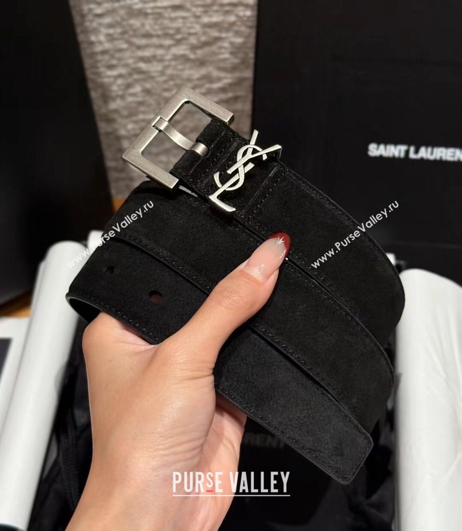 Saint Laurent Cassandre Belt 3cm in Suede and Leather Black/Silver 2025 YSL26010401 (99-260104092)