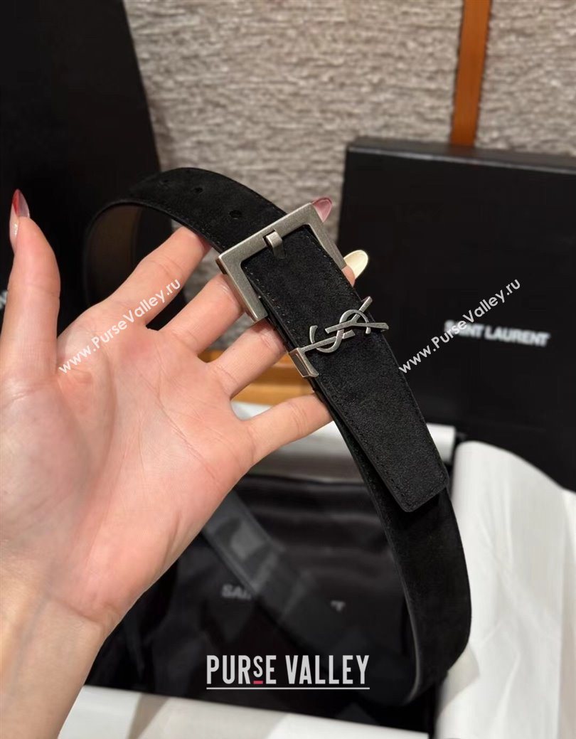 Saint Laurent Cassandre Belt 3cm in Suede and Leather Black/Silver 2025 YSL26010401 (99-260104092)