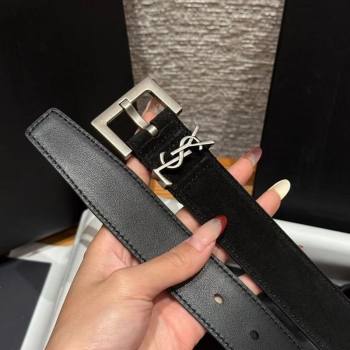 Saint Laurent Cassandre Belt 3cm in Suede and Leather Black/Silver 2025 YSL26010401 (99-260104092)