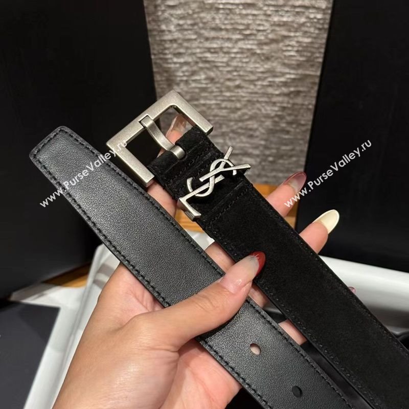 Saint Laurent Cassandre Belt 3cm in Suede and Leather Black/Silver 2025 YSL26010401 (99-260104092)