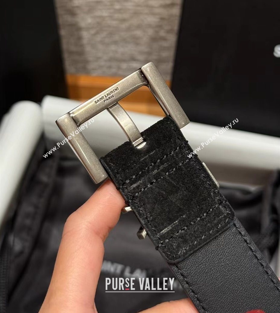 Saint Laurent Cassandre Belt 3cm in Suede and Leather Black/Silver 2025 YSL26010401 (99-260104092)
