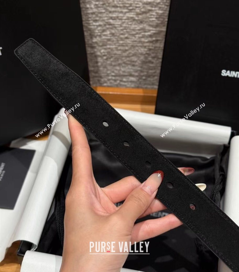 Saint Laurent Cassandre Belt 3cm in Suede and Leather Black/Silver 2025 YSL26010401 (99-260104092)