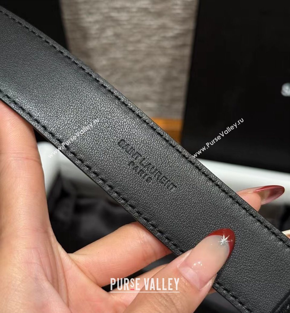Saint Laurent Cassandre Belt 3cm in Suede and Leather Black/Silver 2025 YSL26010401 (99-260104092)