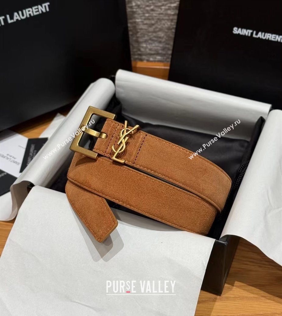 Saint Laurent Cassandre Belt 3cm in Suede and Leather Beige Yellow/Gold 2025 YSL26010401 (99-260104093)