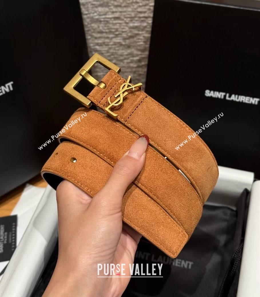 Saint Laurent Cassandre Belt 3cm in Suede and Leather Beige Yellow/Gold 2025 YSL26010401 (99-260104093)