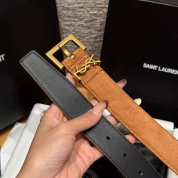 Saint Laurent Cassandre Belt 3cm in Suede and Leather Beige Yellow/Gold 2025 YSL26010401 (99-260104093)