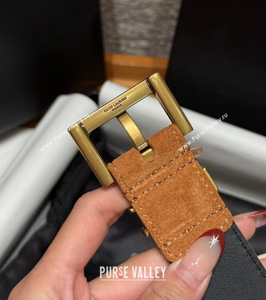 Saint Laurent Cassandre Belt 3cm in Suede and Leather Beige Yellow/Gold 2025 YSL26010401 (99-260104093)