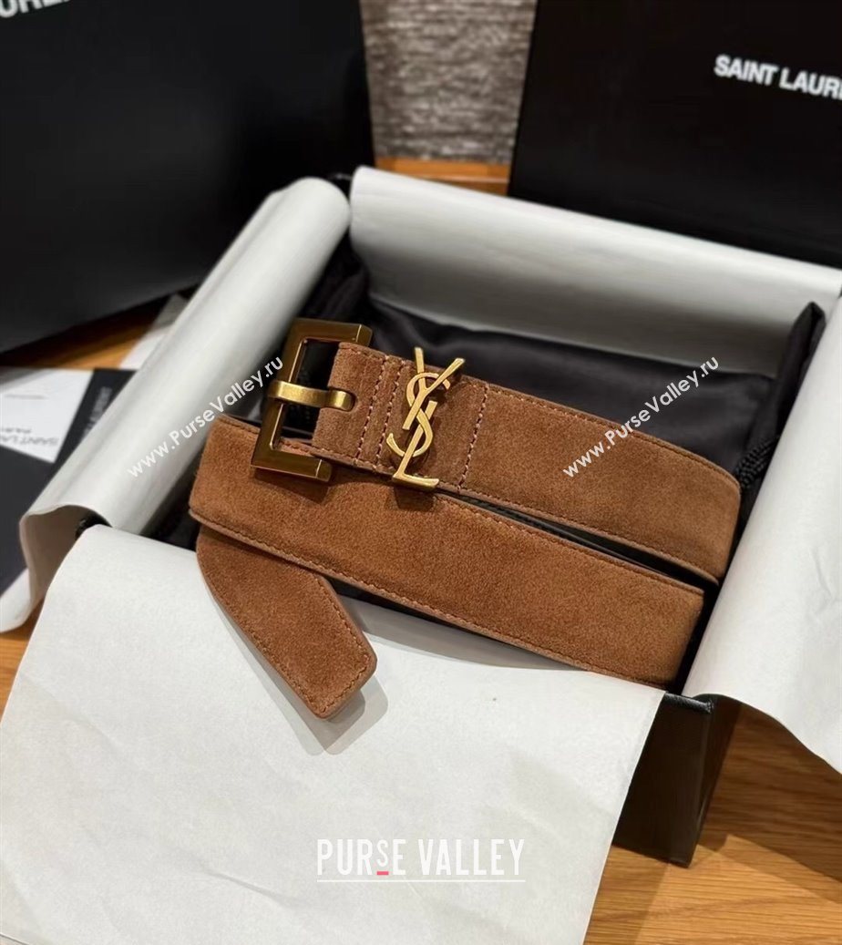Saint Laurent Cassandre Belt 3cm in Suede and Leather Light Brown 2025 YSL26010401 (99-260104094)