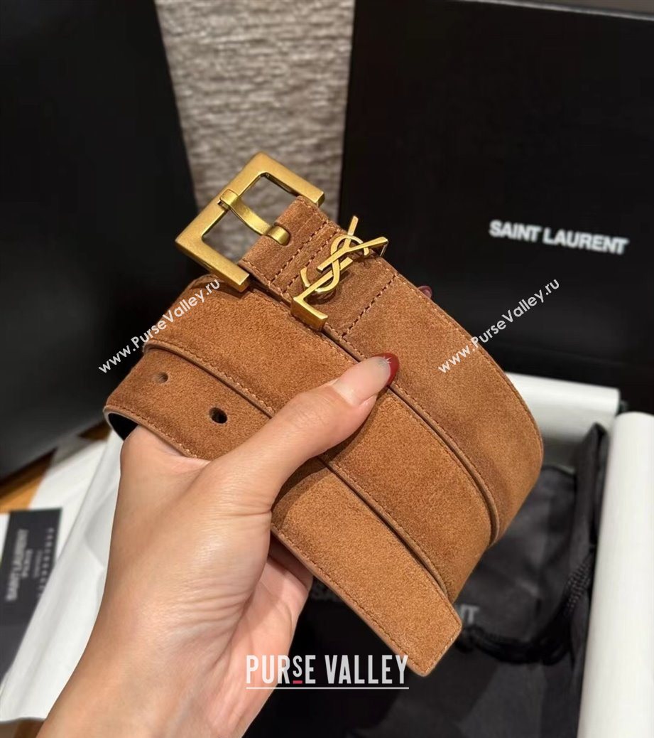 Saint Laurent Cassandre Belt 3cm in Suede and Leather Light Brown 2025 YSL26010401 (99-260104094)