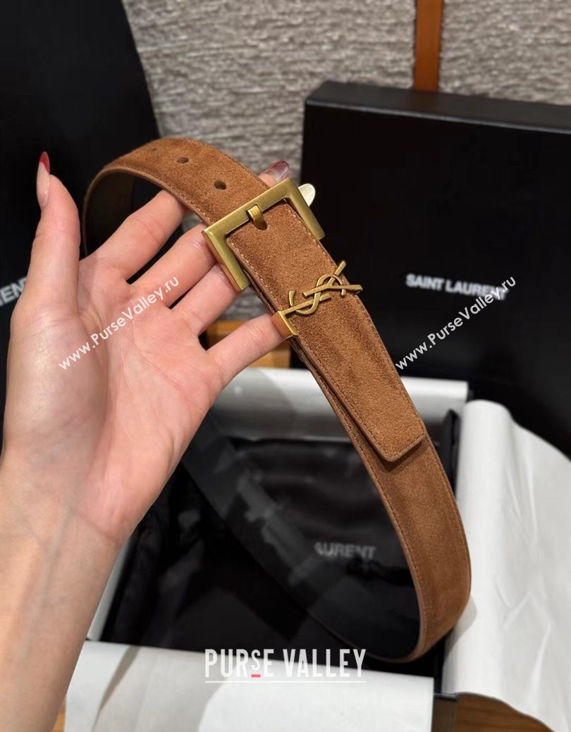 Saint Laurent Cassandre Belt 3cm in Suede and Leather Light Brown 2025 YSL26010401 (99-260104094)
