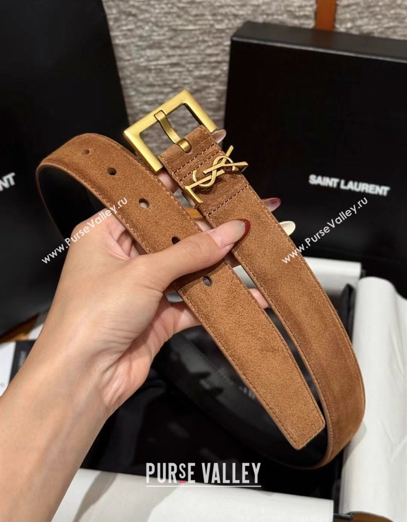 Saint Laurent Cassandre Belt 3cm in Suede and Leather Light Brown 2025 YSL26010401 (99-260104094)