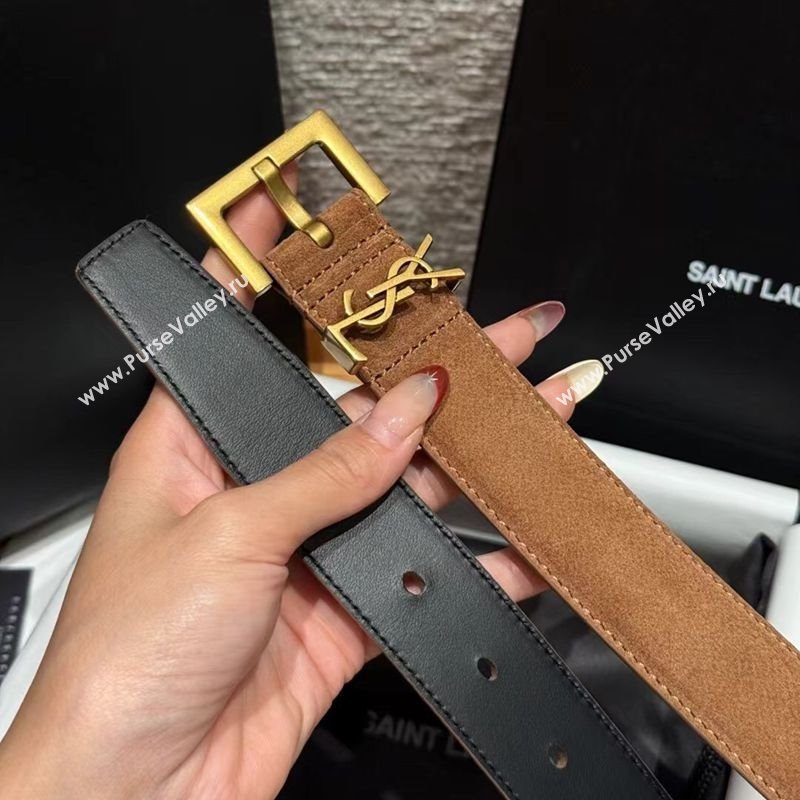 Saint Laurent Cassandre Belt 3cm in Suede and Leather Light Brown 2025 YSL26010401 (99-260104094)