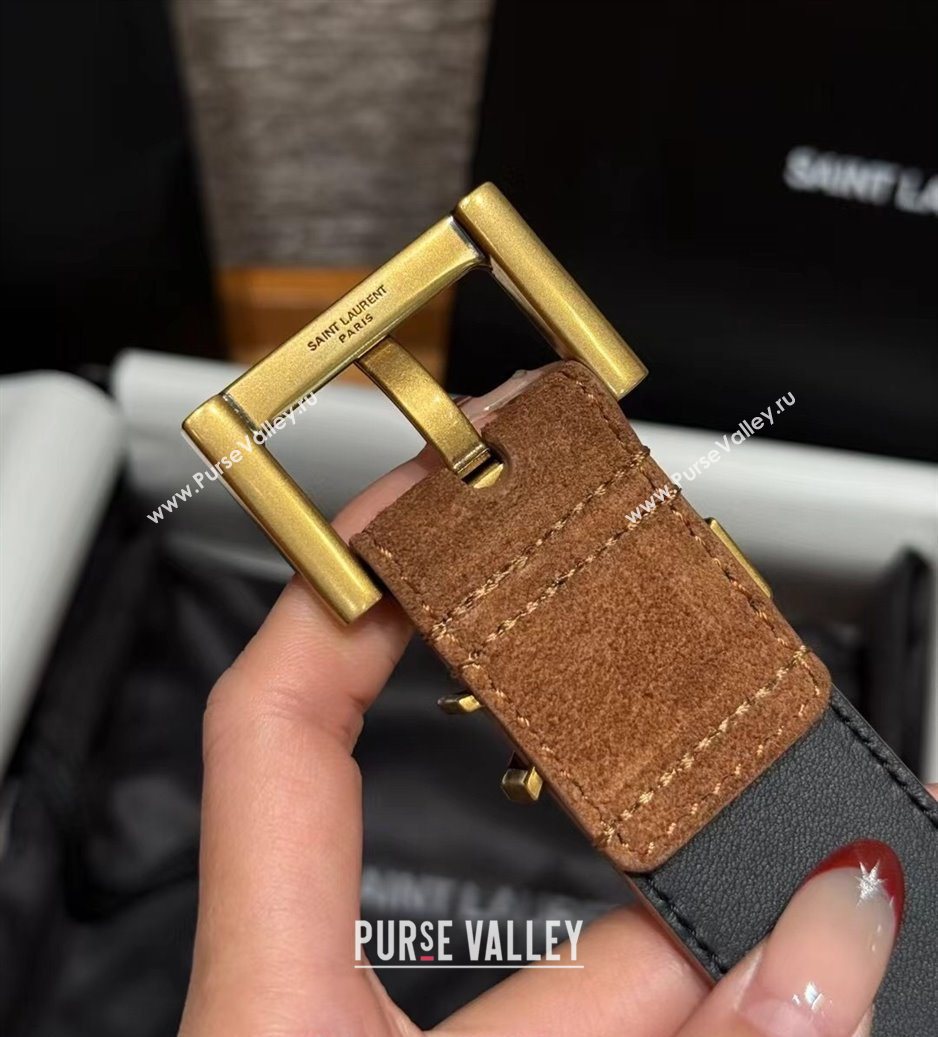 Saint Laurent Cassandre Belt 3cm in Suede and Leather Light Brown 2025 YSL26010401 (99-260104094)