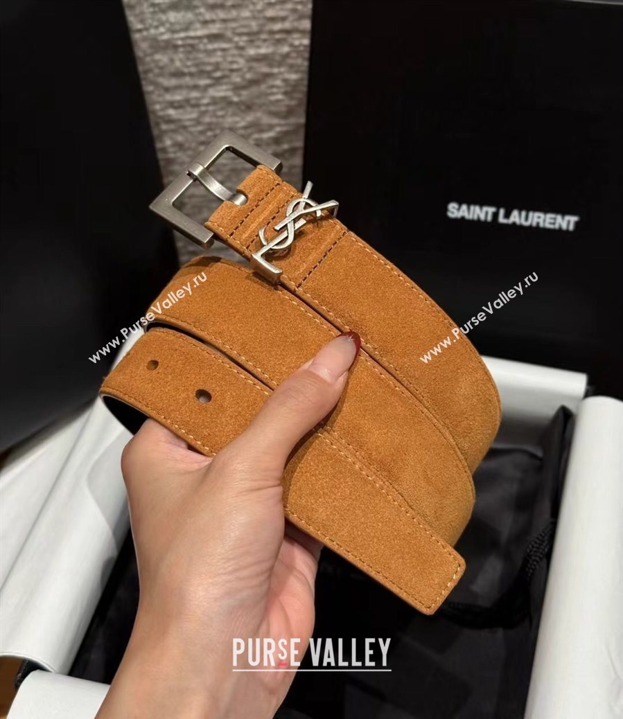 Saint Laurent Cassandre Belt 3cm in Suede and Leather Beige Yellow/Silver 2025 YSL26010401 (99-260104095)