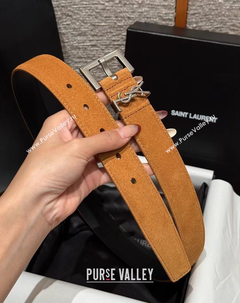 Saint Laurent Cassandre Belt 3cm in Suede and Leather Beige Yellow/Silver 2025 YSL26010401 (99-260104095)