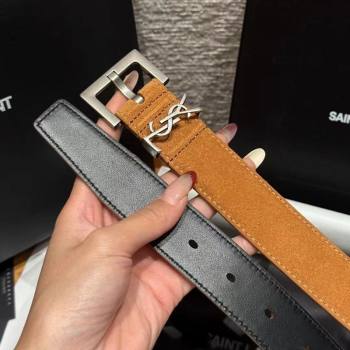 Saint Laurent Cassandre Belt 3cm in Suede and Leather Beige Yellow/Silver 2025 YSL26010401 (99-260104095)