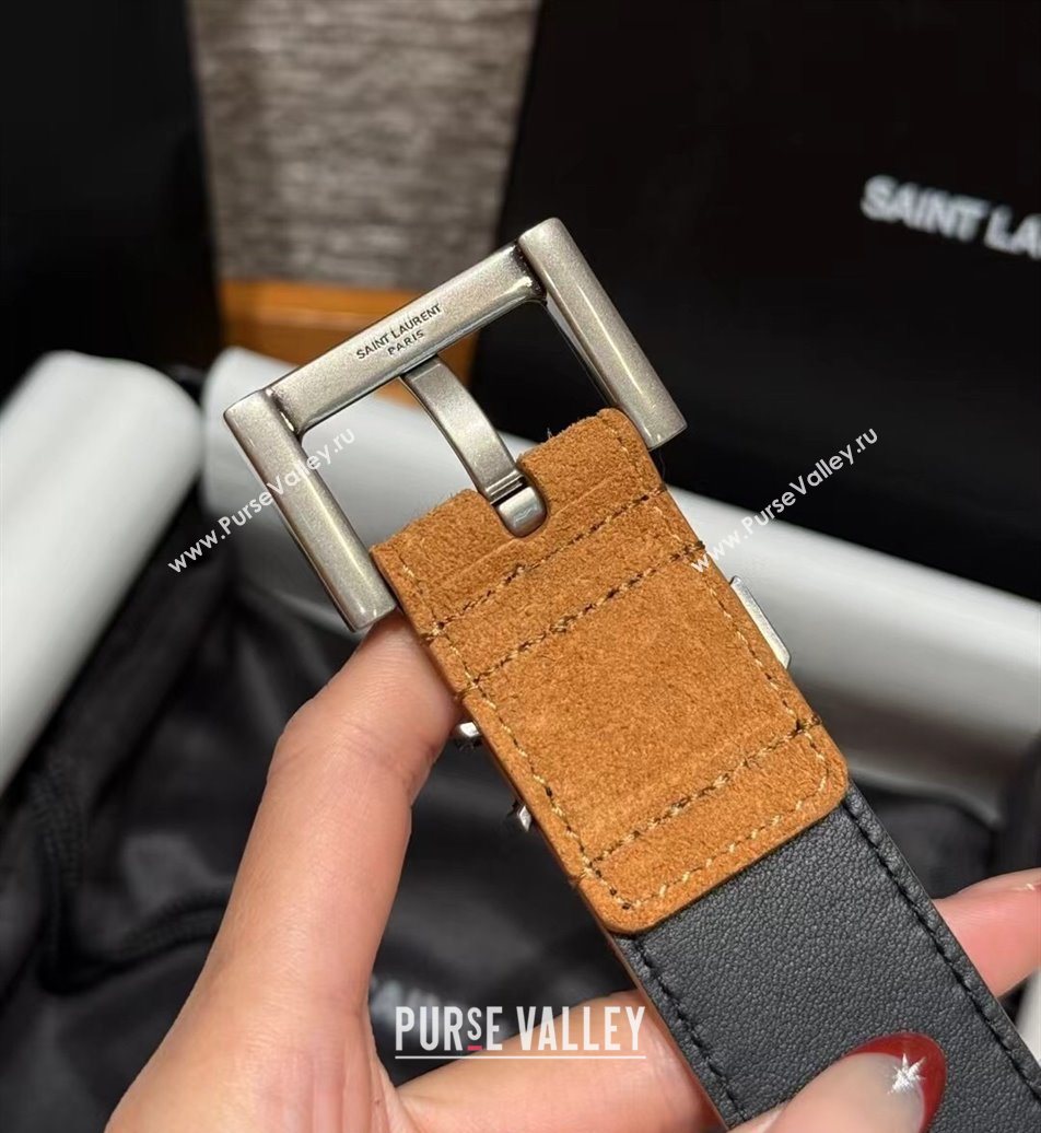 Saint Laurent Cassandre Belt 3cm in Suede and Leather Beige Yellow/Silver 2025 YSL26010401 (99-260104095)