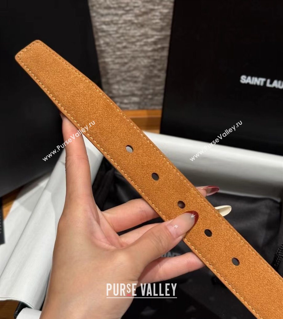 Saint Laurent Cassandre Belt 3cm in Suede and Leather Beige Yellow/Silver 2025 YSL26010401 (99-260104095)