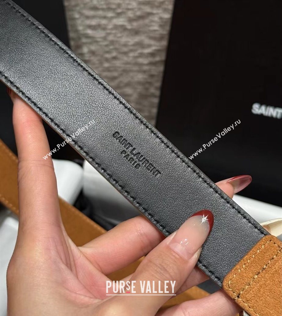 Saint Laurent Cassandre Belt 3cm in Suede and Leather Beige Yellow/Silver 2025 YSL26010401 (99-260104095)