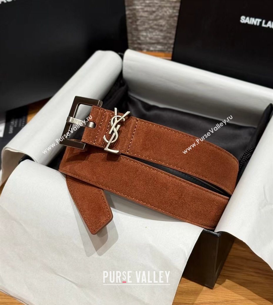 Saint Laurent Cassandre Belt 3cm in Suede and Leather Brown2 2025 YSL26010401 (99-260104096)