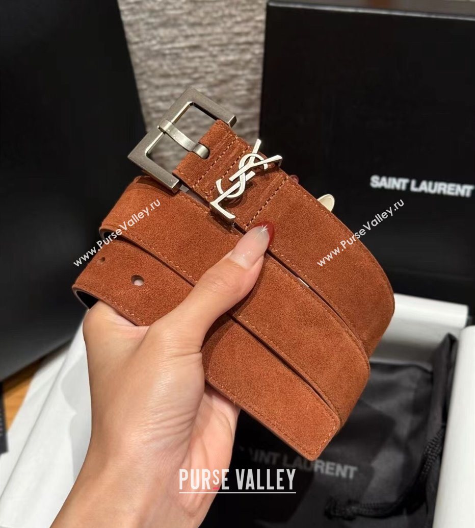 Saint Laurent Cassandre Belt 3cm in Suede and Leather Brown2 2025 YSL26010401 (99-260104096)