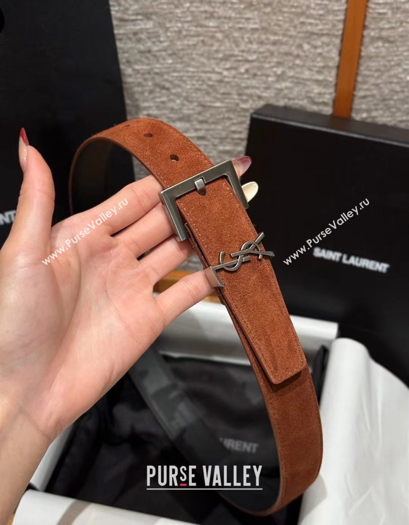 Saint Laurent Cassandre Belt 3cm in Suede and Leather Brown2 2025 YSL26010401 (99-260104096)