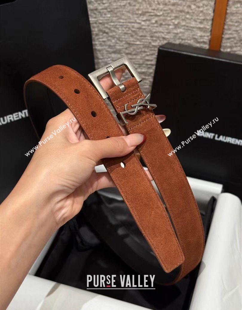 Saint Laurent Cassandre Belt 3cm in Suede and Leather Brown2 2025 YSL26010401 (99-260104096)