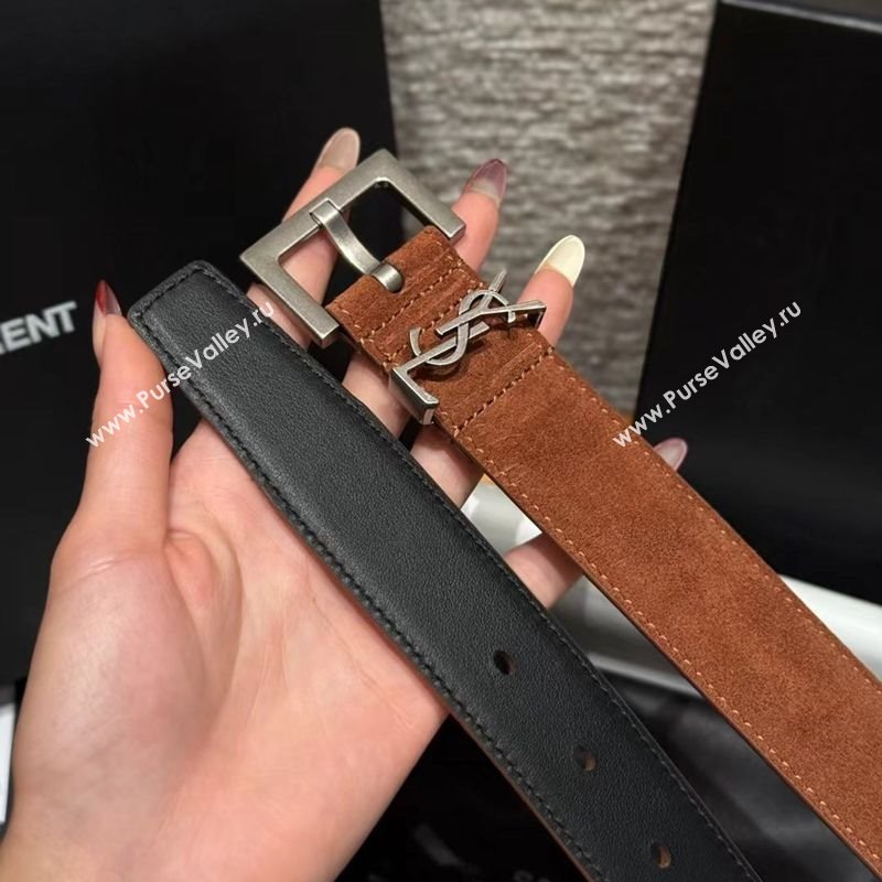 Saint Laurent Cassandre Belt 3cm in Suede and Leather Brown2 2025 YSL26010401 (99-260104096)
