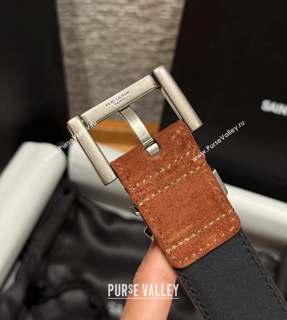 Saint Laurent Cassandre Belt 3cm in Suede and Leather Brown2 2025 YSL26010401 (99-260104096)