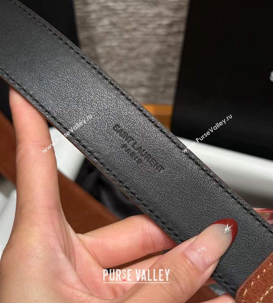 Saint Laurent Cassandre Belt 3cm in Suede and Leather Brown2 2025 YSL26010401 (99-260104096)