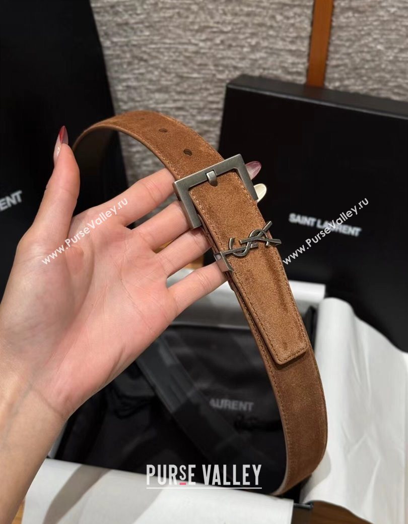 Saint Laurent Cassandre Belt 3cm in Suede and Leather Taupe 2025 YSL26010401 (99-260104097)