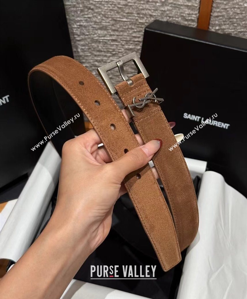 Saint Laurent Cassandre Belt 3cm in Suede and Leather Taupe 2025 YSL26010401 (99-260104097)