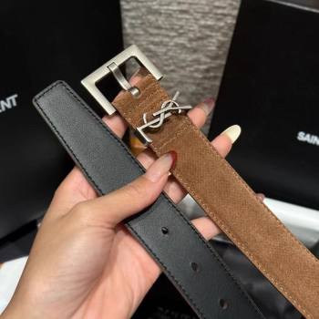 Saint Laurent Cassandre Belt 3cm in Suede and Leather Taupe 2025 YSL26010401 (99-260104097)