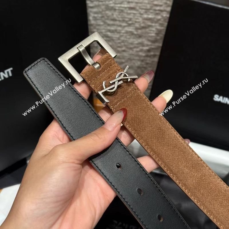Saint Laurent Cassandre Belt 3cm in Suede and Leather Taupe 2025 YSL26010401 (99-260104097)