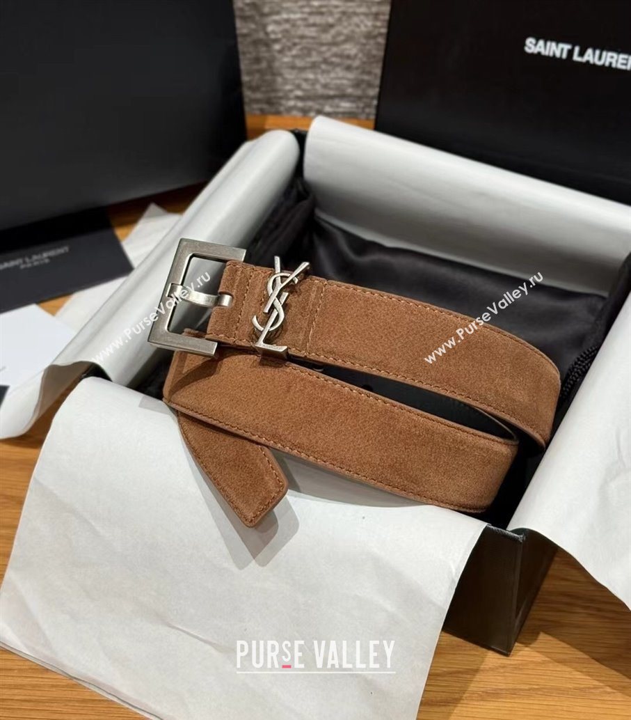 Saint Laurent Cassandre Belt 3cm in Suede and Leather Taupe 2025 YSL26010401 (99-260104097)